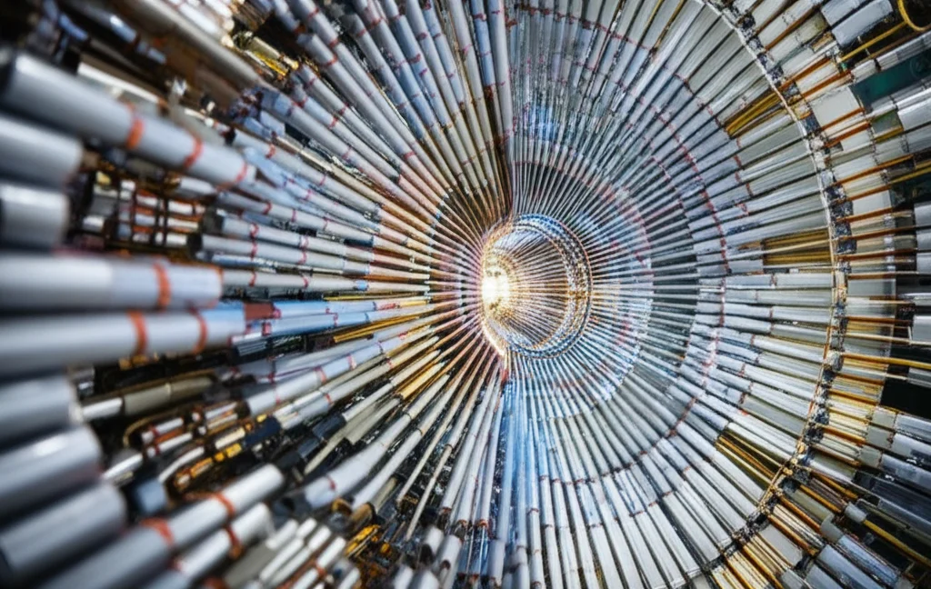 Un'immagine fotorealistica dell'interno di un rivelatore di particelle come ATLAS o CMS al LHC, con tracce di particelle simulate che emergono da un punto di collisione centrale. Telephoto zoom, 100-400mm, fast shutter speed, action or movement tracking, high detail.