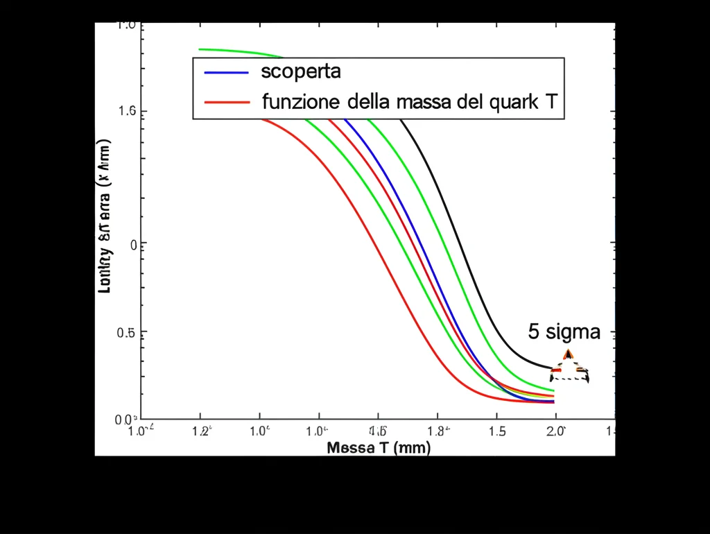 Grafico scientifico stilizzato, reso in modo fotorealistico, che mostra curve di significatività della scoperta in funzione della massa del quark T e della luminosità integrata, con un punto evidenziato che indica una scoperta a 5 sigma. Macro lens, 60-105mm, high detail, precise focusing, controlled lighting, con colori vivaci per le curve su sfondo neutro.