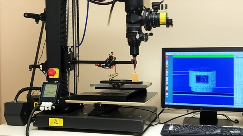 Fotografia di un setup sperimentale per test meccanici su compositi stampati in 3D, con un campione montato su una macchina di prova universale e un sistema DIC (Digital Image Correlation) con telecamere e illuminazione specifica che cattura il pattern a spruzzo sulla superficie del campione, obiettivo zoom 24-70mm, atmosfera da laboratorio di ricerca.