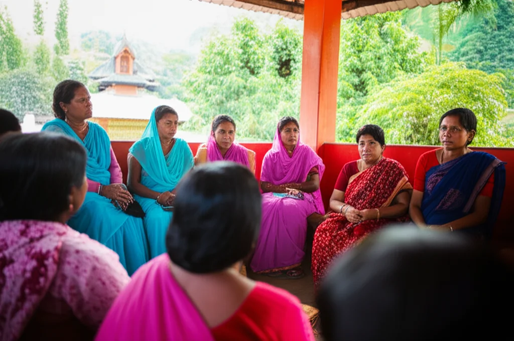 Fotografia di ritratto di un gruppo di diverse donne indiane, tra cui lavoratori Asha in Sarees, ascoltando attentamente durante una sessione di educazione sanitaria in una sala comunitaria vivace a Sikkim. Lice da 35 mm, profondità di campo, coinvolgimento e apprendimento.
