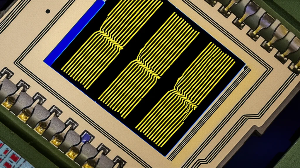 Immagine macro di un chip microelettronico che mostra i dettagli dei risonatori SV-SAW, con elettrodi interdigitali dorati su un substrato multistrato. Macro lens, 90mm, high detail, precise focusing, controlled lighting con luce laterale per evidenziare le texture.