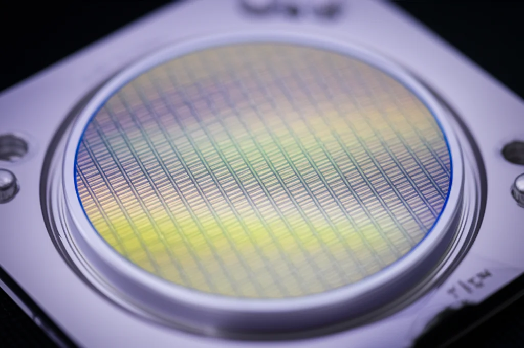 Un wafer di silicio su cui sono fabbricati numerosi chip di filtri SV-SAW, illuminato in una clean room. Macro lens, 60mm, high detail, precise focusing, con riflessi metallici sui chip e un'atmosfera high-tech.