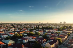 A wide-angle landscape image showing diverse neighborhoods, 10mm, sharp focus, symbolizing the broad impact of social determinants on health outcomes.