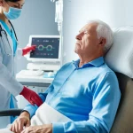 Elderly patient comfortably sedated in a medical chair, medical professional monitoring vitals nearby, soft lighting, depth of field, clinical setting, 35mm portrait lens.