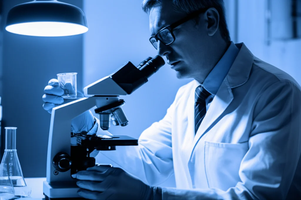 Fotografia di un ricercatore in un laboratorio di biologia molecolare che osserva al microscopio campioni di tessuto tumorale orale, con focus sulle interazioni cellulari tra miofibroblasti e cellule cancerose. Luce soffusa, profondità di campo. Obiettivo prime, 35mm, stile film noir con duotono blu e grigio per enfatizzare l'aspetto investigativo della ricerca scientifica sul cancro.