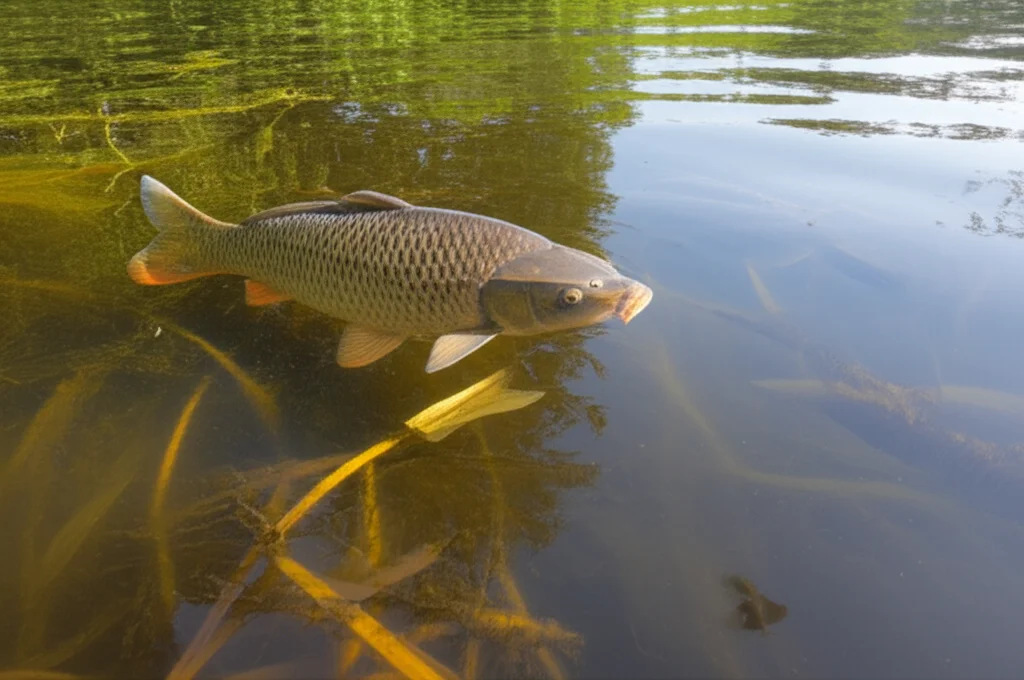 Fotografia naturalistica di una carpa erbivora (Ctenopharyngodon idella) adulta che nuota serena in un lago con acqua leggermente torbida, circondata da vegetazione acquatica. Obiettivo teleobiettivo zoom 200mm, luce naturale del tardo pomeriggio che crea riflessi sull'acqua, messa a fuoco sull'occhio del pesce.
