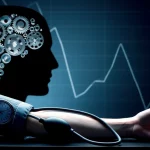 Immagine concettuale che mostra una silhouette di testa umana con ingranaggi luminosi che rappresentano il cervello, e sullo sfondo un grafico che indica un declino. Un bracciale da sfigmomanometro è visibile avvolto intorno a un braccio stilizzato, simboleggiando il legame tra ipertensione e funzione cognitiva. Obiettivo macro 60mm, alta definizione, illuminazione controllata per enfatizzare i dettagli.