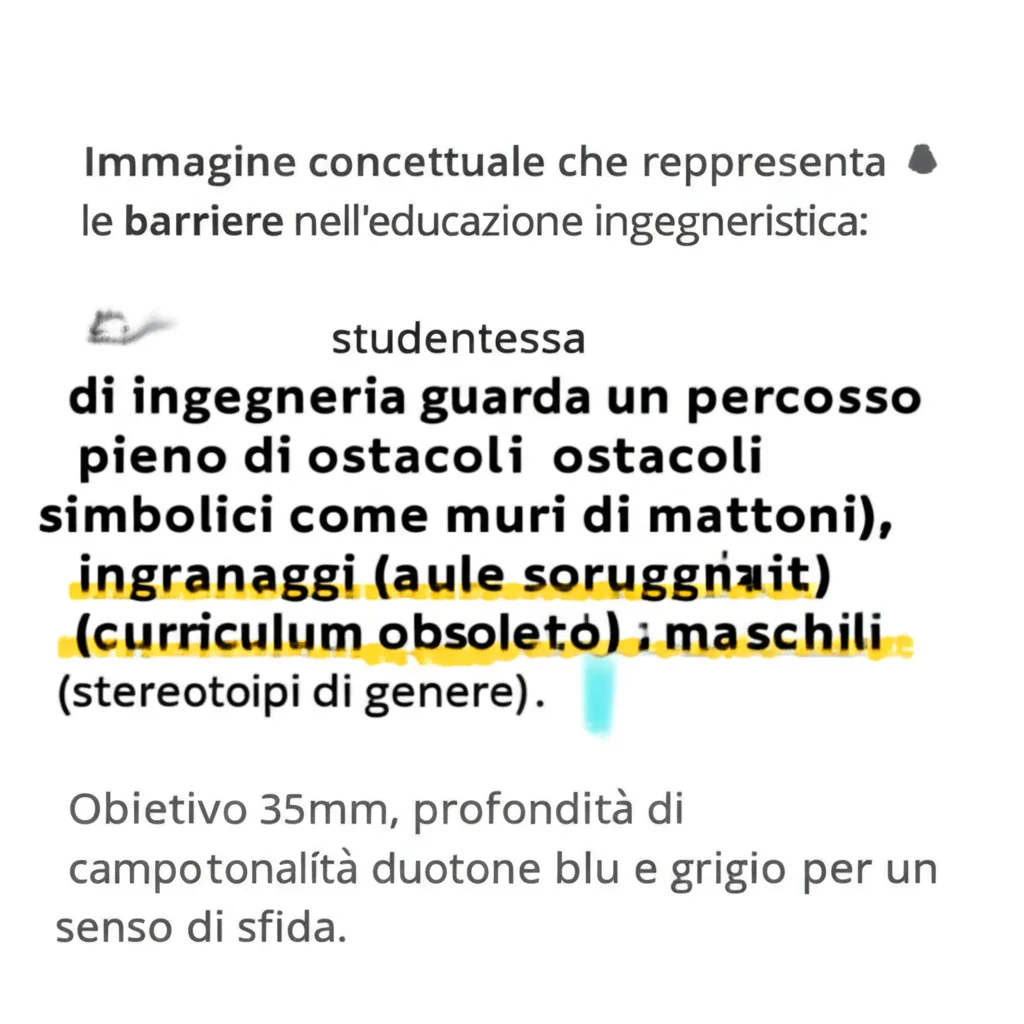 Immagine concettuale che rappresenta le barriere nell'educazione ingegneristica: una studentessa di ingegneria guarda un percorso pieno di ostacoli simbolici come muri di mattoni (aule sovraffollate), ingranaggi arrugginiti (curriculum obsoleto) e ombre maschili (stereotipi di genere). Obiettivo 35mm, profondità di campo, tonalità duotone blu e grigio per un senso di sfida.