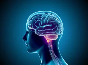 Immagine concettuale del cervello umano connesso all'intestino tramite fibre luminose, obiettivo 35mm, duotone blu e grigio, profondità di campo, per rappresentare il legame tra Parkinson e disfunzioni gastrointestinali.