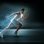 Immagine concettuale di un atleta che corre, con linee di dati digitali che emanano dal suo corpo, simboleggiando il tracciamento dell'attività fisica tramite un algoritmo avanzato. Telephoto zoom, 200mm, fast shutter speed, action tracking, illuminazione dinamica.