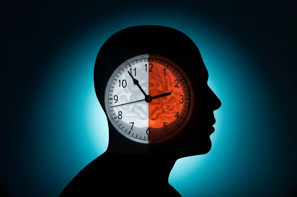 Immagine concettuale: Silhouette stilizzata di un cervello umano. Metà del cervello è illuminata brillantemente, rappresentando uno sviluppo normale. L'altra metà è leggermente in ombra con sottili interruzioni nelle pieghe corticali, a simboleggiare la FCD. Un quadrante di orologio è sovrapposto, con le lancette che puntano prima del numero 6, indicando l'insorgenza precoce. Illuminazione morbida e diffusa, obiettivo prime 35mm, profondità di campo.