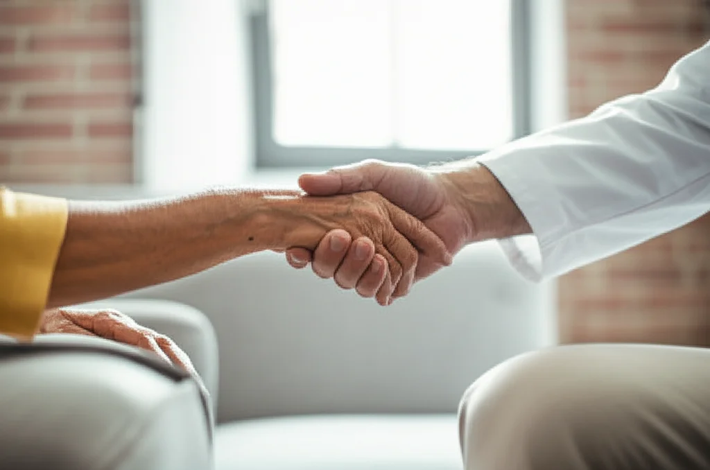 Immagine fotorealistica che simboleggia la cura transizionale: una mano più giovane e professionale (medico/infermiere con camice bianco) che stringe gentilmente la mano rugosa di una persona anziana in un ambiente domestico luminoso e sereno, forse un salotto con una finestra sullo sfondo. Obiettivo 50mm prime, profondità di campo media che sfoca leggermente lo sfondo, luce naturale morbida, atmosfera di empatia e supporto.