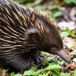 Immagine fotorealistica di un'echidna di Attenborough (Zaglossus attenboroughi) che emerge cautamente dal sottobosco della foresta pluviale nelle Montagne dei Ciclopi. Obiettivo teleobiettivo zoom 100-400mm, scatto veloce per catturare il movimento, messa a fuoco precisa sull'animale, con dettagli delle spine e del caratteristico lungo becco. Luce naturale filtrata dalla canopia, sfondo leggermente sfocato per enfatizzare il soggetto.
