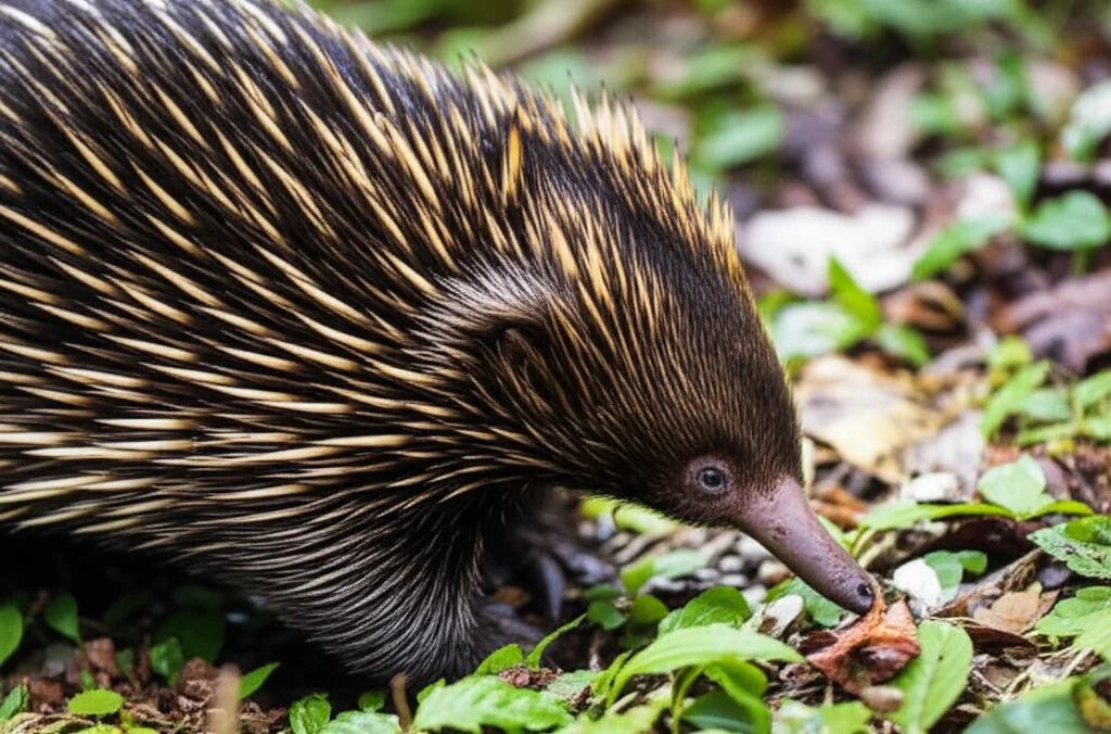 Immagine fotorealistica di un'echidna di Attenborough (Zaglossus attenboroughi) che emerge cautamente dal sottobosco della foresta pluviale nelle Montagne dei Ciclopi. Obiettivo teleobiettivo zoom 100-400mm, scatto veloce per catturare il movimento, messa a fuoco precisa sull'animale, con dettagli delle spine e del caratteristico lungo becco. Luce naturale filtrata dalla canopia, sfondo leggermente sfocato per enfatizzare il soggetto.
