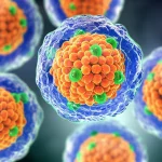 Primo piano dettagliato di nanoparticelle sferiche multifunzionali, con un nucleo di zeina (giallo dorato), un rivestimento di carbossimetilcellulosa (blu trasparente) e molecole di acido folico (verdi brillanti) coniugate sulla superficie, che incapsulano curcumina (arancione intenso e luminoso) al loro interno. L'immagine è catturata con un obiettivo macro da 100mm, illuminazione da studio controllata per massima nitidezza e dettaglio, con una leggera profondità di campo per enfatizzare le nanoparticelle in primo piano su uno sfondo sfocato che suggerisce un ambiente biologico.