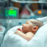 Primo piano di un neonato estremamente pretermine in incubatrice, focus sulla sua fragilità, luce soffusa e calda, obiettivo da 35mm, profondità di campo per evidenziare il piccolo soggetto, atmosfera di cura intensiva neonatale.