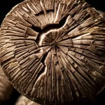 Primo piano macro ad alta definizione di un fungo Shiitake maturo con cappella screpolata (cracked-surface mature), illuminazione da studio controllata per esaltare la texture, obiettivo macro 105mm, messa a fuoco selettiva.