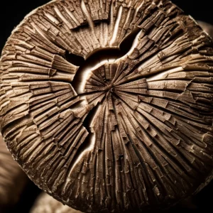 Primo piano macro ad alta definizione di un fungo Shiitake maturo con cappella screpolata (cracked-surface mature), illuminazione da studio controllata per esaltare la texture, obiettivo macro 105mm, messa a fuoco selettiva.