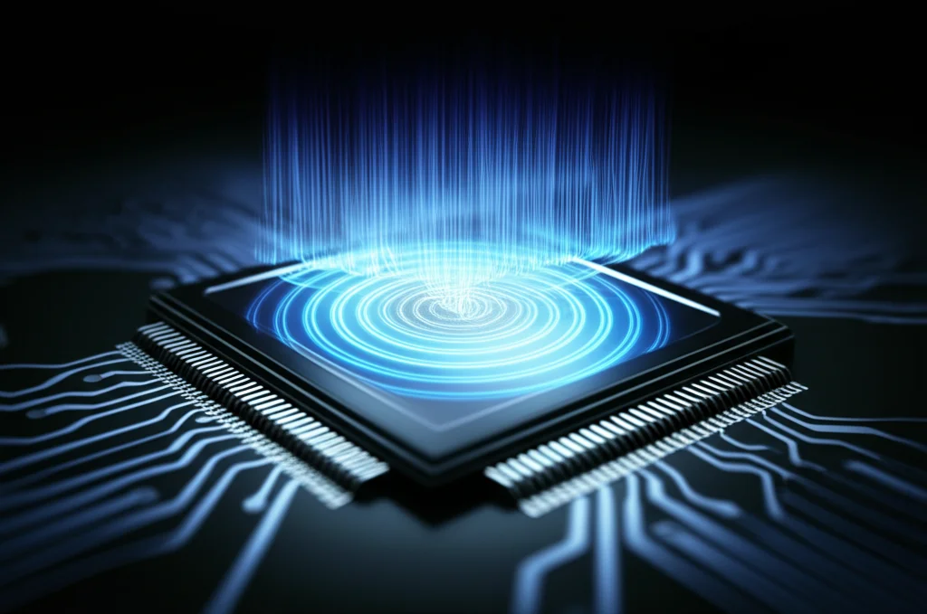 Un chip microelettronico futuristico che rappresenta un filtro SAW per il 6G, con onde luminose che simboleggiano i segnali wireless ad alta frequenza. Macro lens, 80mm, high detail, precise focusing, controlled lighting con riflessi blu e viola su sfondo scuro.