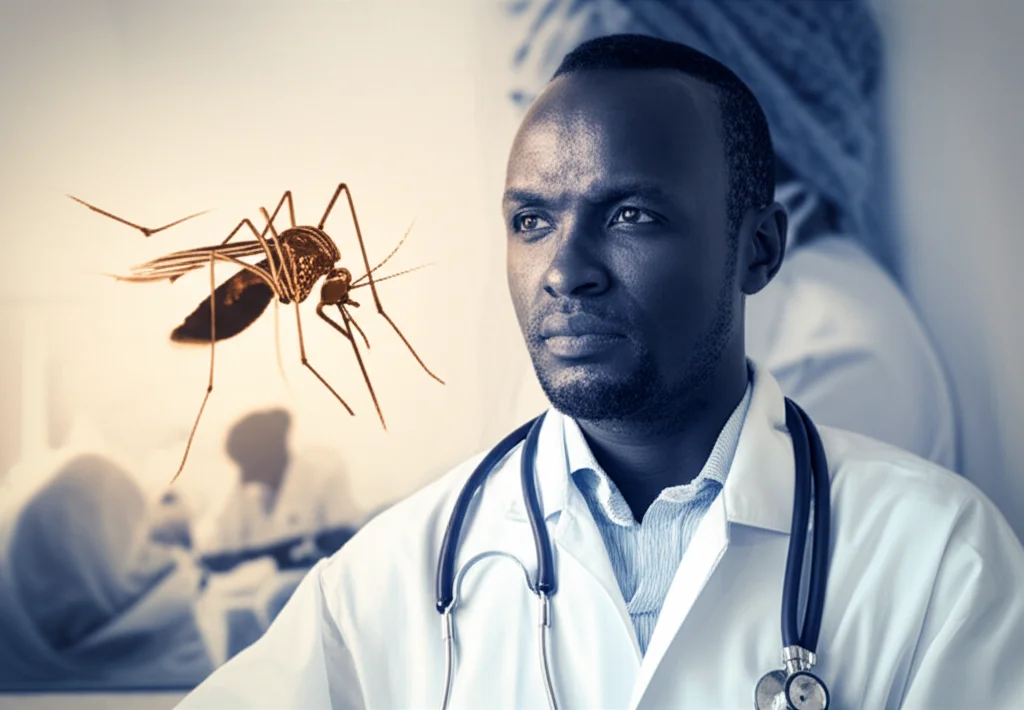 Un operatore sanitario somalo in primo piano, con indosso camice e stetoscopio, guarda verso l'orizzonte con un'espressione mista di determinazione e riflessione. Sullo sfondo, leggermente sfocato, si intravede un contesto clinico semplice o un villaggio somalo, con una zanzara Aedes stilizzata sovrapposta in modo discreto. Obiettivo da ritratto 50mm, profondità di campo accentuata, illuminazione drammatica con un lato del viso in luce e l'altro in ombra, duotono blu e ocra per simboleggiare la sfida e la speranza.