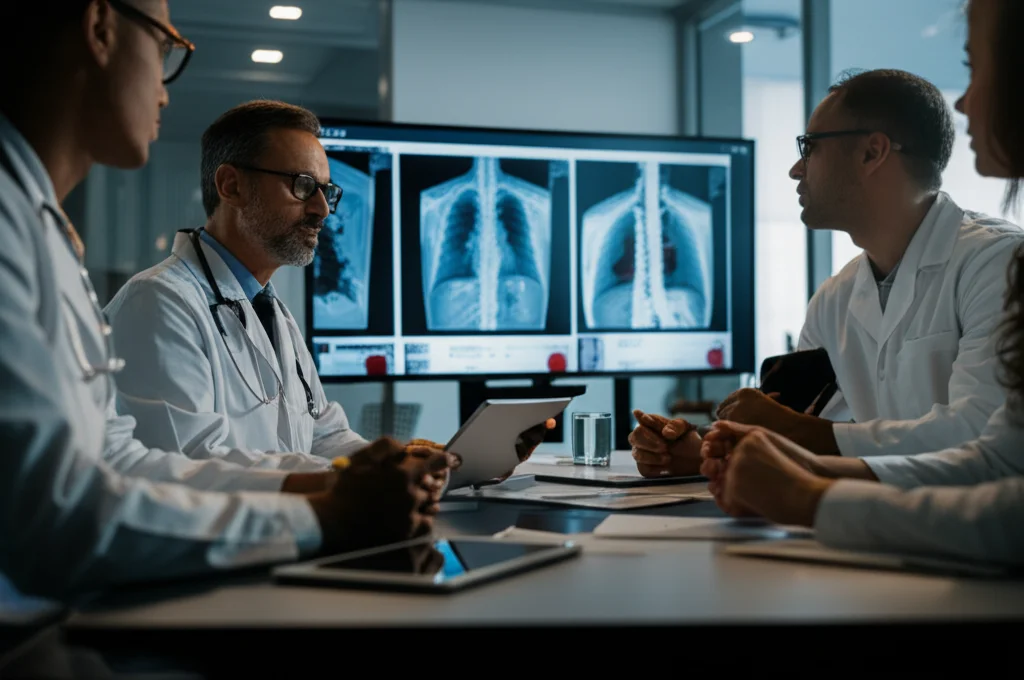 Un team di medici, composto da pneumologi e cardiologi, in una sala riunioni luminosa e moderna, discute animatamente attorno a un tavolo su cui sono poggiati tablet e documenti. Alle loro spalle, uno schermo mostra immagini polmonari e grafici di dati emodinamici. Obiettivo zoom 24-70mm, luce naturale diffusa da ampie finestre, espressioni concentrate e collaborative. Profondità di campo media per includere il team e parte dello sfondo informativo.