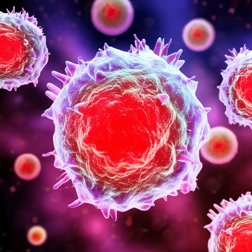 Visualizzazione artistica e fotorealistica di una cellula di cancro al seno infiammatorio (IBC) circondata da macrofagi M2 immunosoppressori, con la proteina AXL evidenziata in rosso brillante sulla superficie cellulare. L'immagine dovrebbe trasmettere la complessità del microambiente tumorale e il ruolo chiave di AXL. Utilizzare un obiettivo macro da 70mm con illuminazione controllata per dettagli nitidi sulle cellule e un leggero effetto bokeh sullo sfondo per concentrare l'attenzione, high detail, precise focusing.