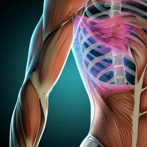 Visualizzazione medica astratta che fonde un'immagine stilizzata della massa muscolare scheletrica (SMI) con pattern infiammatori cellulari (SII) su uno sfondo scuro, alta definizione, illuminazione drammatica laterale, focus selettivo sul punto di fusione tra i due concetti, obiettivo 50mm, per rappresentare il rapporto SMI/SII.
