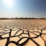 Wide-angle landscape, 10mm, showing dry, cracked earth in Marathwada under a harsh sun, with a distant village visible. Sharp focus on the foreground texture and expansive dry land.