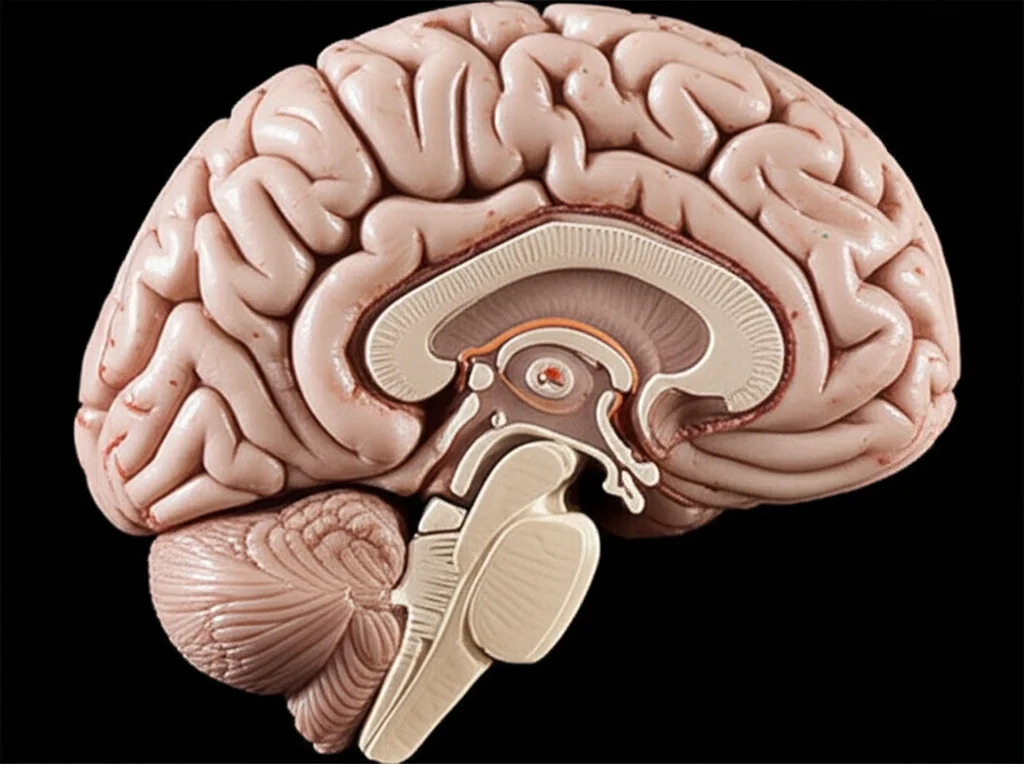 Wide-angle landscape of a human brain model, hippocampus highlighted, stylized representation of the dentate gyrus within, sharp focus, 10mm lens.