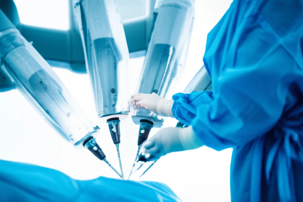 A surgeon using a robotic arm during orthopaedic surgery, telephoto zoom lens, fast shutter speed, movement tracking, depth of field