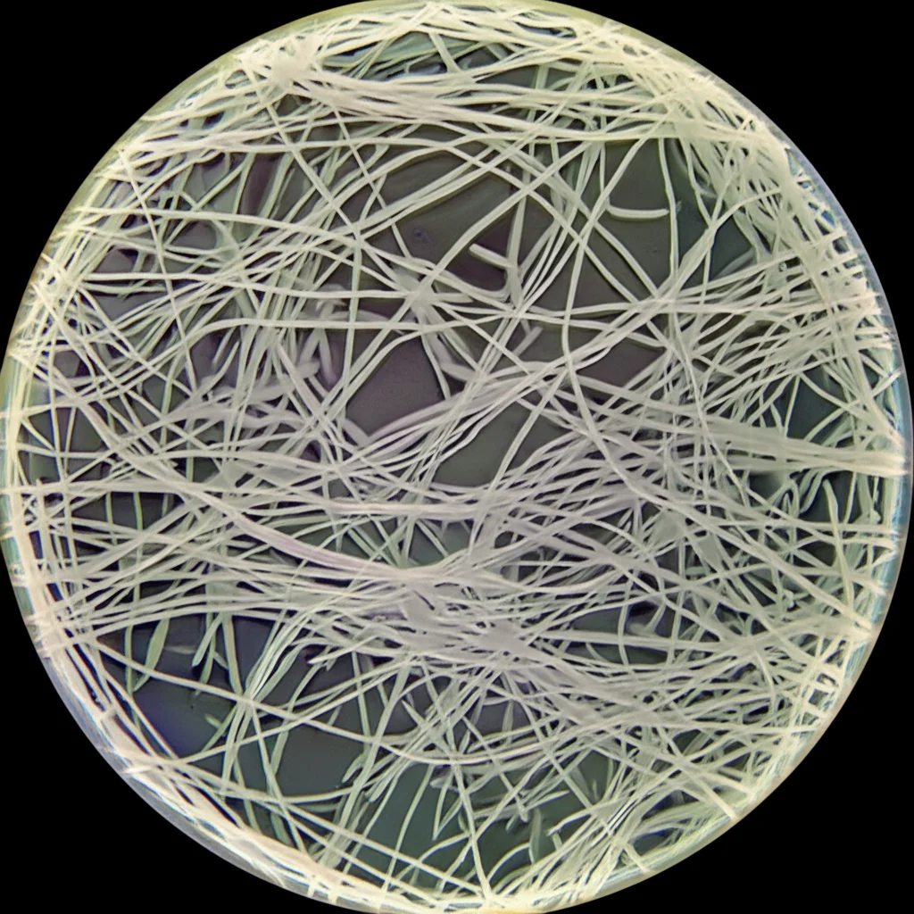 Fotografia macro ad altissima definizione di una colonia del fungo Magnaporthe oryzae ceppo 70-15 che cresce su un terreno di coltura in una piastra di Petri. Dettagli precisi delle ife fungine visibili. Illuminazione da studio controllata per esaltare le texture e i colori naturali del fungo. Obiettivo macro 105mm, high detail, precise focusing.