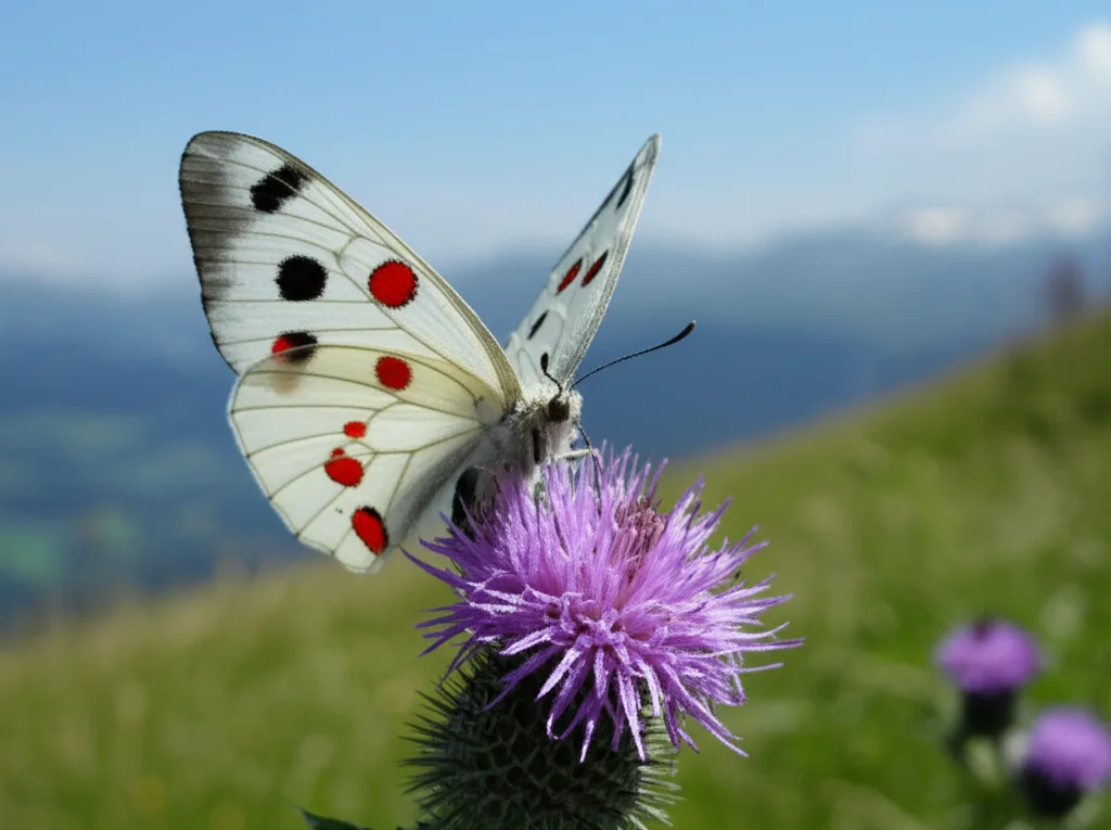 Fotografia macro realistica di una farfalla Parnassius apollo posata su un fiore di cardo alpino di colore viola acceso. Le ali della farfalla sono semiaperte, mostrando chiaramente le iconiche macchie rosse bordate di nero e le macchie nere più piccole. Lo sfondo è un prato alpino verde sfocato con altre fioriture e le cime delle montagne austriache in lontananza sotto un cielo azzurro parzialmente nuvoloso. Obiettivo macro 90mm, alta definizione, messa a fuoco precisa sulla farfalla, luce solare naturale diffusa che esalta i colori vivaci.