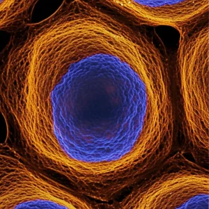 Illustrazione fotorealistica, obiettivo 50mm prime, profondità di campo, che mostra una cellula (fibroblasto) che interagisce con un substrato viscoelastico traslucido. Si nota una leggera deformazione del substrato sotto la cellula e si intuiscono cambiamenti interni alla cellula, come un nucleo più grande e meno compatto, con accenni di rimodellamento della cromatina. Illuminazione controllata, duotone blu e arancione per enfatizzare l'interazione biologica e meccanica.