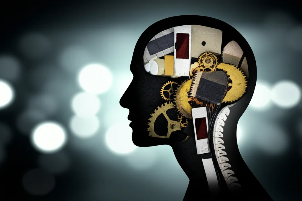 Immagine concettuale che rappresenta la complessità della memoria e delle emozioni legate alla depressione. Una silhouette di una testa umana con ingranaggi e frammenti di ricordi colorati e sbiaditi che fluttuano al suo interno. Illuminazione da studio, obiettivo da 50mm, profondità di campo media per mantenere a fuoco sia la silhouette che alcuni dettagli interni, con un leggero effetto bokeh sullo sfondo.