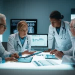 Immagine concettuale di un team medico multidisciplinare – oncologo, neurologo, farmacista, fisioterapista – che collabora attorno a un tavolo luminoso con schermi digitali e cartelle cliniche, simboleggiando l'approccio integrato alla gestione degli eventi avversi da immunoterapia. Prime lens, 35mm, Depth of field, illuminazione controllata.