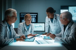 Immagine concettuale di un team medico multidisciplinare – oncologo, neurologo, farmacista, fisioterapista – che collabora attorno a un tavolo luminoso con schermi digitali e cartelle cliniche, simboleggiando l'approccio integrato alla gestione degli eventi avversi da immunoterapia. Prime lens, 35mm, Depth of field, illuminazione controllata.