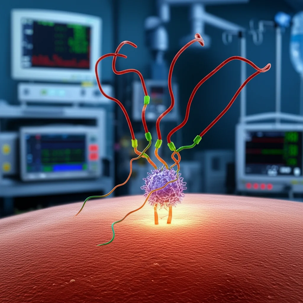 Immagine concettuale di una molecola di vasopressina stilizzata che interagisce con recettori cellulari su uno sfondo che richiama un ambiente di terapia intensiva con monitor e luci soffuse. Macro lens, 90mm, high detail, precise focusing, illuminazione drammatica con contrasti tra luci e ombre per evidenziare la molecola.