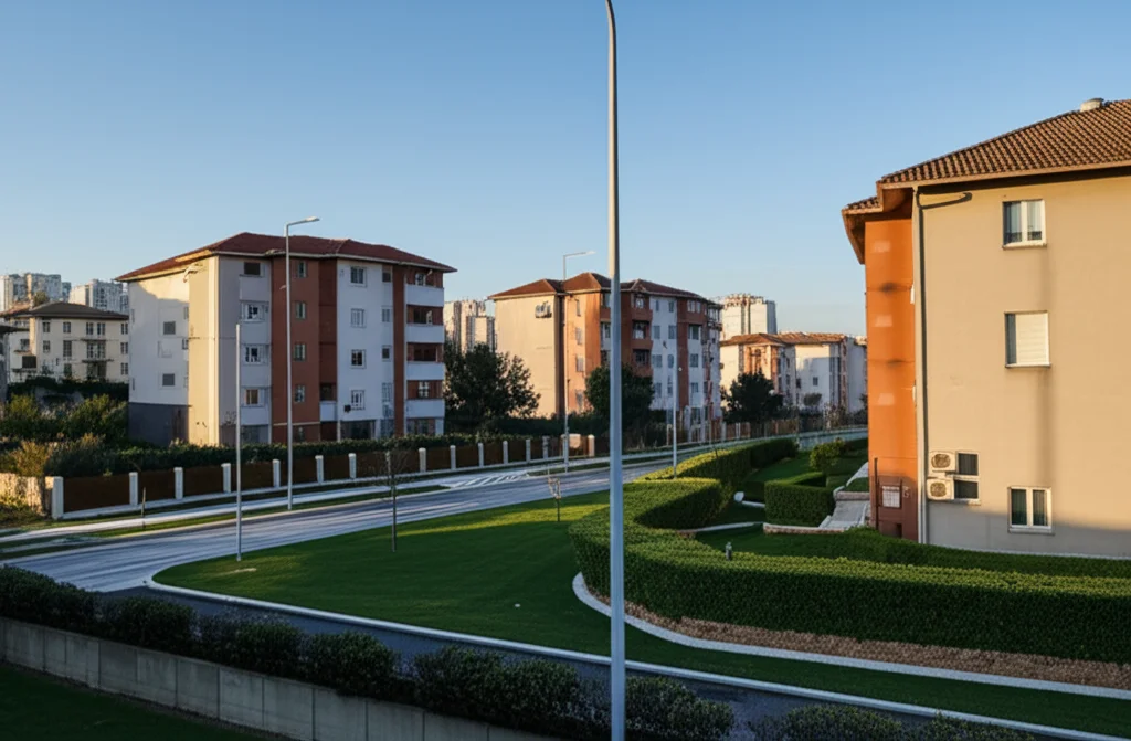 Immagine fotorealistica che mostra un contrasto tra un quartiere residenziale benestante e uno di edilizia popolare, simboleggiando le diverse percezioni pubbliche. Obiettivo 24mm, profondità di campo, luce drammatica al tramonto per enfatizzare le differenze socio-economiche.