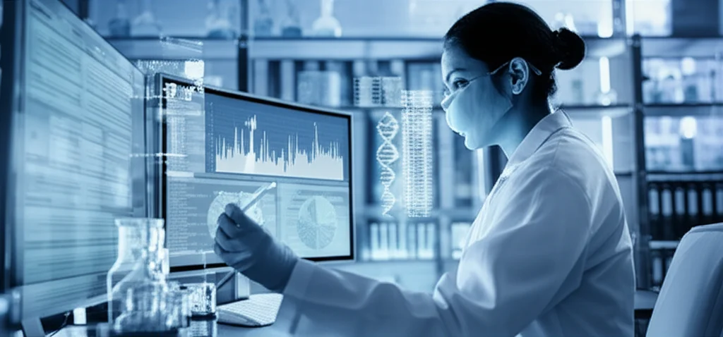 Immagine fotorealistica di una ricercatrice che analizza sequenze di DNA su un computer high-tech in un laboratorio moderno, con grafici di espressione genica visibili sullo schermo. Obiettivo prime 35mm, profondità di campo, toni blu e grigi duotone.