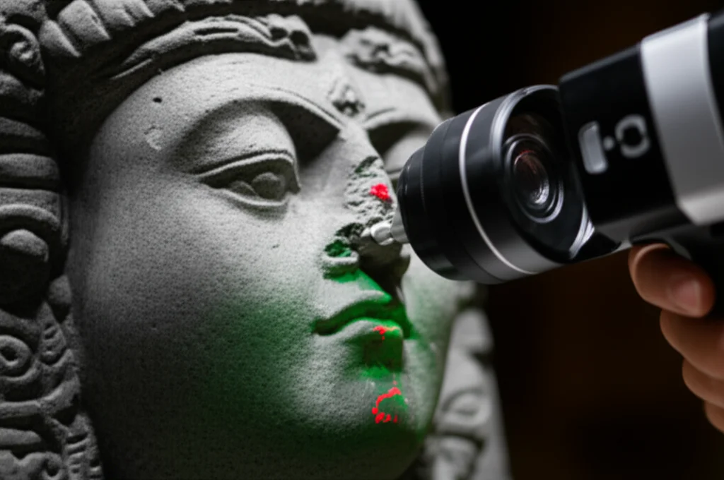 Photorealistic image of an ancient stone sculpture being 3D scanned, 35mm lens, depth of field, highlighting the intricate surface details.