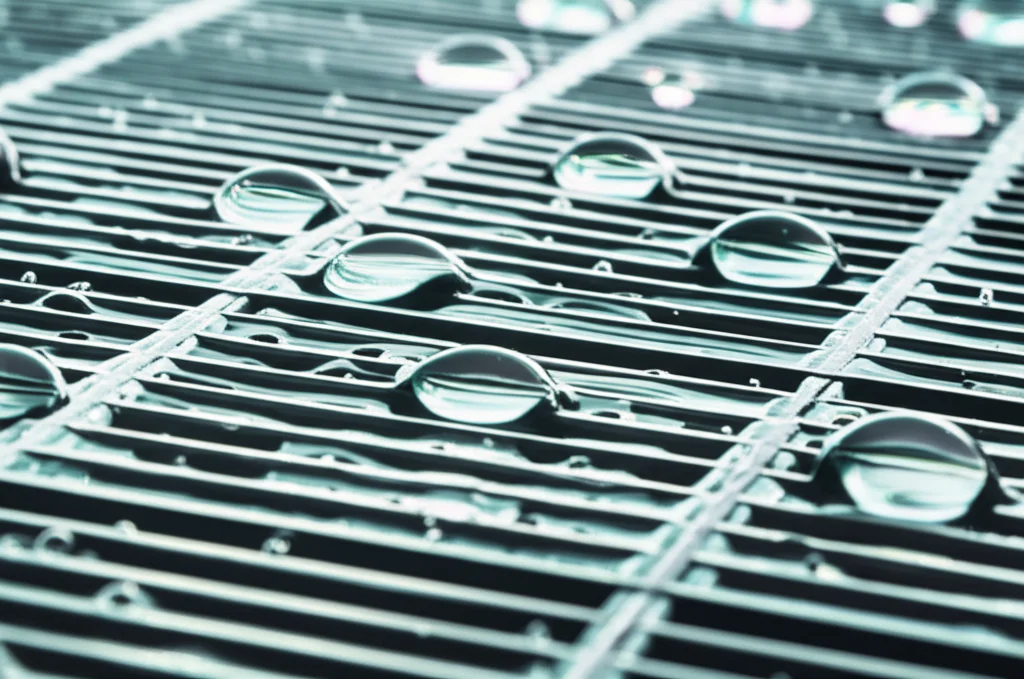 Primo piano macro di una membrana di nanofiltrazione innovativa con una superficie carica negativamente, obiettivo macro 80mm, illuminazione laterale controllata per evidenziare la texture e i nanopori, con goccioline d'acqua purificata che brillano sulla superficie, alta definizione.