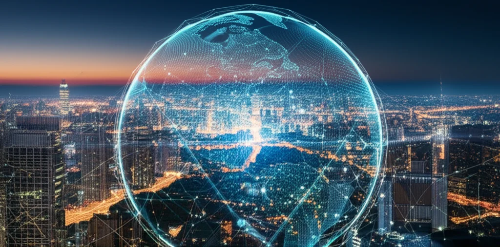 Skyline futuristico di una città al tramonto, con reti energetiche intelligenti illuminate visibili tra gli edifici e flussi di dati digitali stilizzati che collegano la città al resto del mondo, simboleggiando il commercio globale. Obiettivo grandangolare 18mm, lunga esposizione per scie luminose morbide, messa a fuoco nitida sull'architettura high-tech.