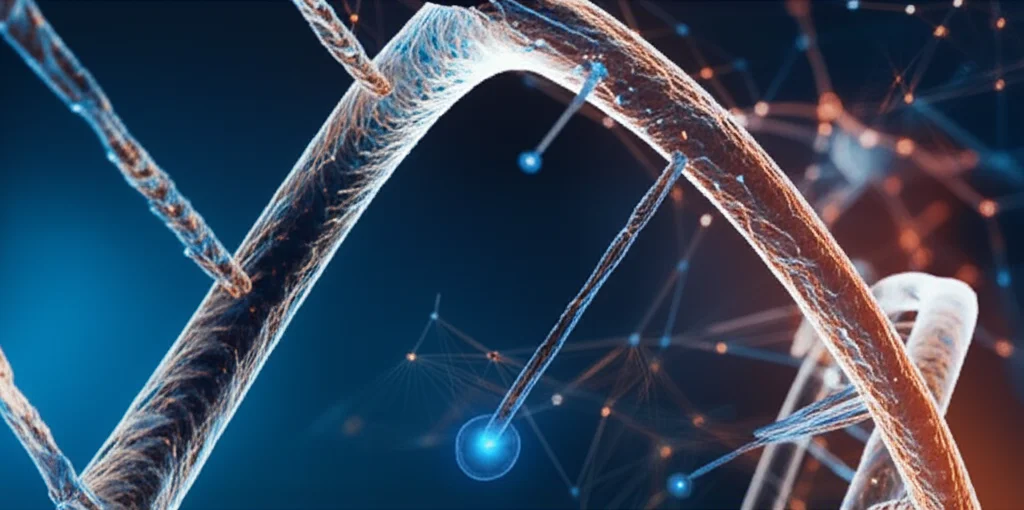 Un'immagine concettuale che mostra una visualizzazione astratta di reti neurali e filamenti di DNA intrecciati, con punti luminosi che rappresentano i siti di metilazione. La scena è illuminata con toni blu freddi e accenti caldi arancioni per simboleggiare la scoperta scientifica e la speranza. Obiettivo prime 35mm, duotone blu e arancione, profondità di campo per un effetto tridimensionale.