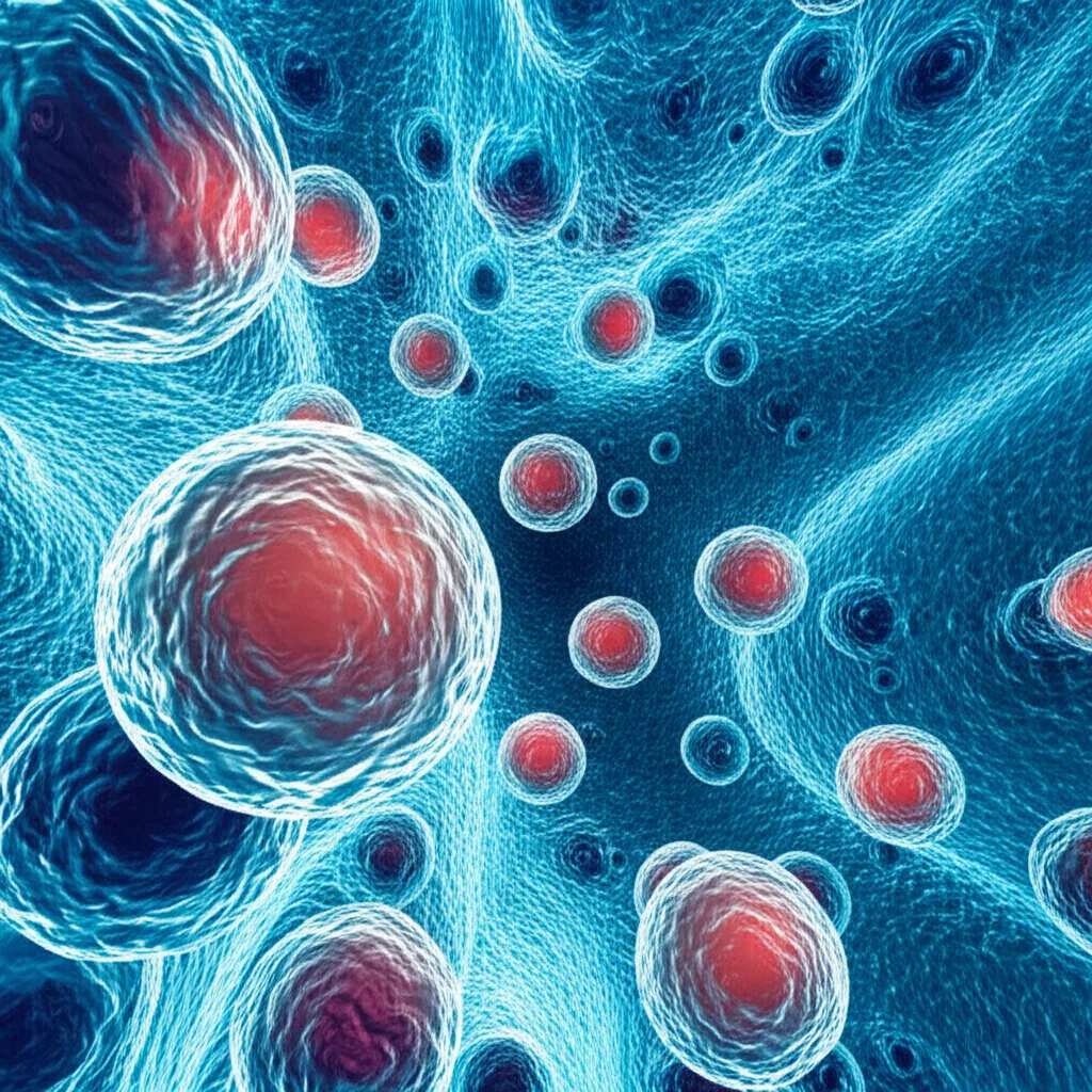 Visualizzazione artistica del microambiente polmonare durante la fibrosi, con cellule epiteliali danneggiate, fibroblasti attivati che depositano collagene (fibre bluastre) e molecole proteiche (sfere colorate) fluttuanti nel liquido interstiziale tra le cellule. Stile fotorealistico, obiettivo macro 70mm, profondità di campo ridotta per focalizzare l'attenzione sul liquido interstiziale e le proteine, illuminazione drammatica che evidenzia le aree fibrotiche.