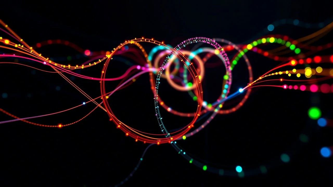 Visualizzazione artistica di un circuito quantistico omogeneo che rivela simmetrie SU(2) disomogenee, rappresentate come eliche di luce colorata che si propagano attraverso i qubit. Obiettivo grandangolare 20mm, lunga esposizione per scie luminose, focus nitido sui dettagli del circuito, sfondo scuro per contrasto.