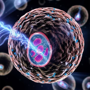 Visualizzazione concettuale artistica di nanoparticelle piezoelettriche La-BFO (sfere complesse) attivate da onde ultrasonore (linee ondulate) che circondano e attaccano cellule tumorali (sfere più grandi e scure). Le nanoparticelle emettono scintille luminose (ROS) e piccole sfere bluastre (ioni Lantanio) che penetrano nelle cellule tumorali, causando danni interni visibili (rottura di organelli come i lisosomi). Effetto profondità di campo, illuminazione drammatica focalizzata sull'interazione, stile fotorealistico con elementi astratti.
