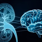 A conceptual image showing abstract representations of a kidney and a brain connected by subtle lines, wide-angle, 10mm, long exposure, sharp focus, illustrating the kidney-brain axis in the context of mental health research.