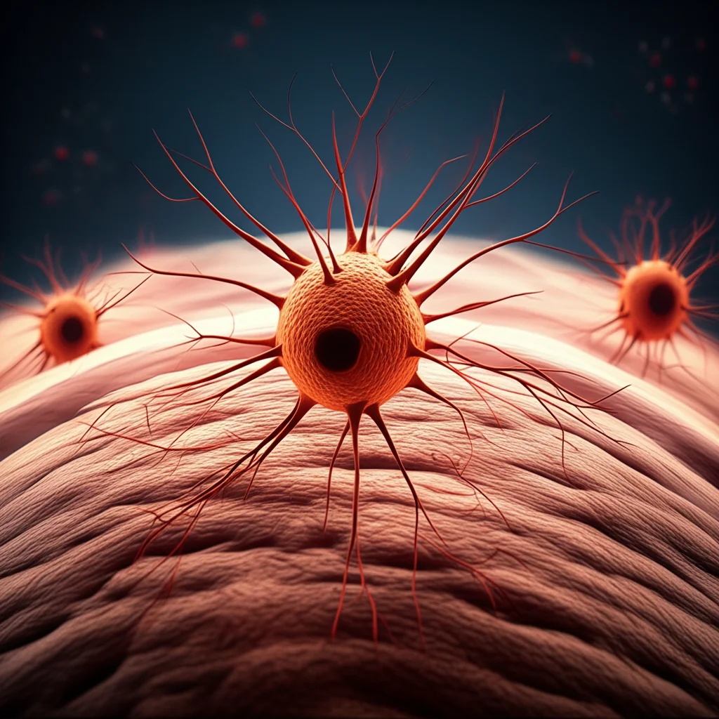 Immagine concettuale artistica e fotorealistica del crosstalk neuroimmune: molecole di IL-33 e CCL2 che mediano l'interazione tra cellule immunitarie (macrofagi, neutrofili) e neuroni sensoriali con canali TRPV1 e TRPM8 attivati, su uno sfondo che suggerisce tessuto infiammato. Prime lens, 35mm, depth of field, colori duotone (blu scientifico e arancio infiammatorio).