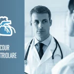 Immagine concettuale di un cuore umano con un'area evidenziata che mostra un difetto del setto ventricolare riparato con un patch chirurgico. Un cardiologo osserva l'immagine con attenzione e sguardo pensieroso. Scatto con obiettivo da ritratto da 50mm, con profondità di campo per mettere a fuoco il cuore e il medico, utilizzando una palette di colori duotone blu e grigio per un effetto drammatico, professionale e riflessivo.