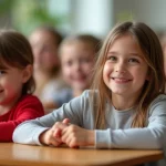 Immagine fotorealistica di bambini sorridenti e attenti in un'aula scolastica con aria visibilmente pulita e fresca, grazie a un sistema di ventilazione. Un sensore di qualità dell'aria discreto è visibile su una parete. Obiettivo zoom, 24mm per un'ampia visuale dell'ambiente, luce naturale brillante, colori vivaci, effetto leggermente cinematografico per un'atmosfera positiva.